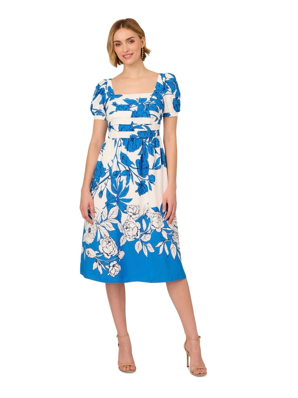 Adrianna Papell White Midi Dress with Bold Blue Floral Print
